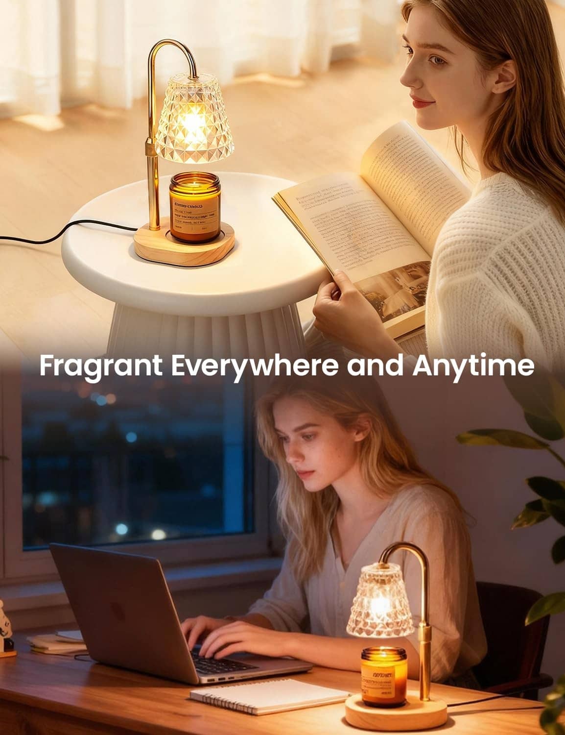 Candle warmer lamp with diamond shade and glowing candle jar next to laptop