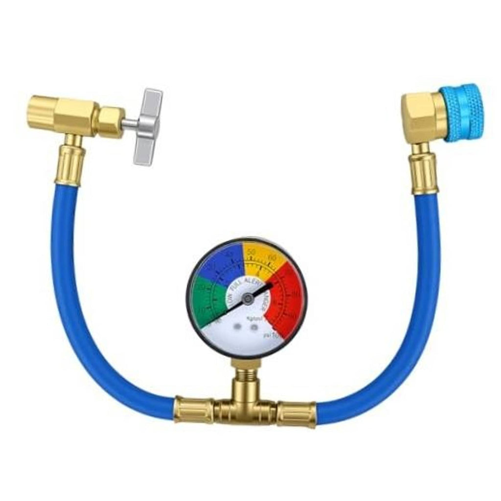R1234YF charging hose kit with blue hose, brass connectors, and pressure gauge
