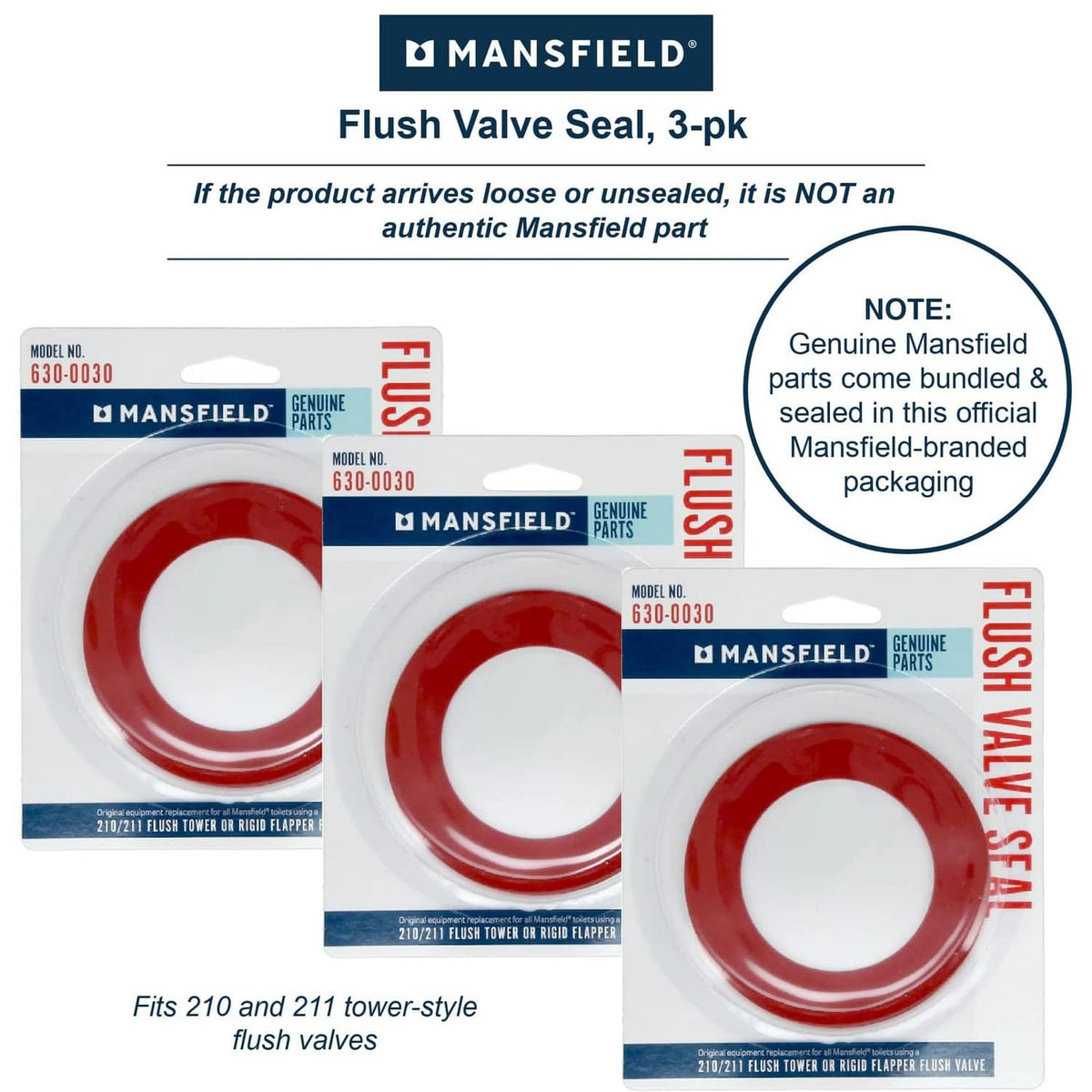 Flush valve seal gasket 3-pack in Mansfield blister packaging with red seal rings
