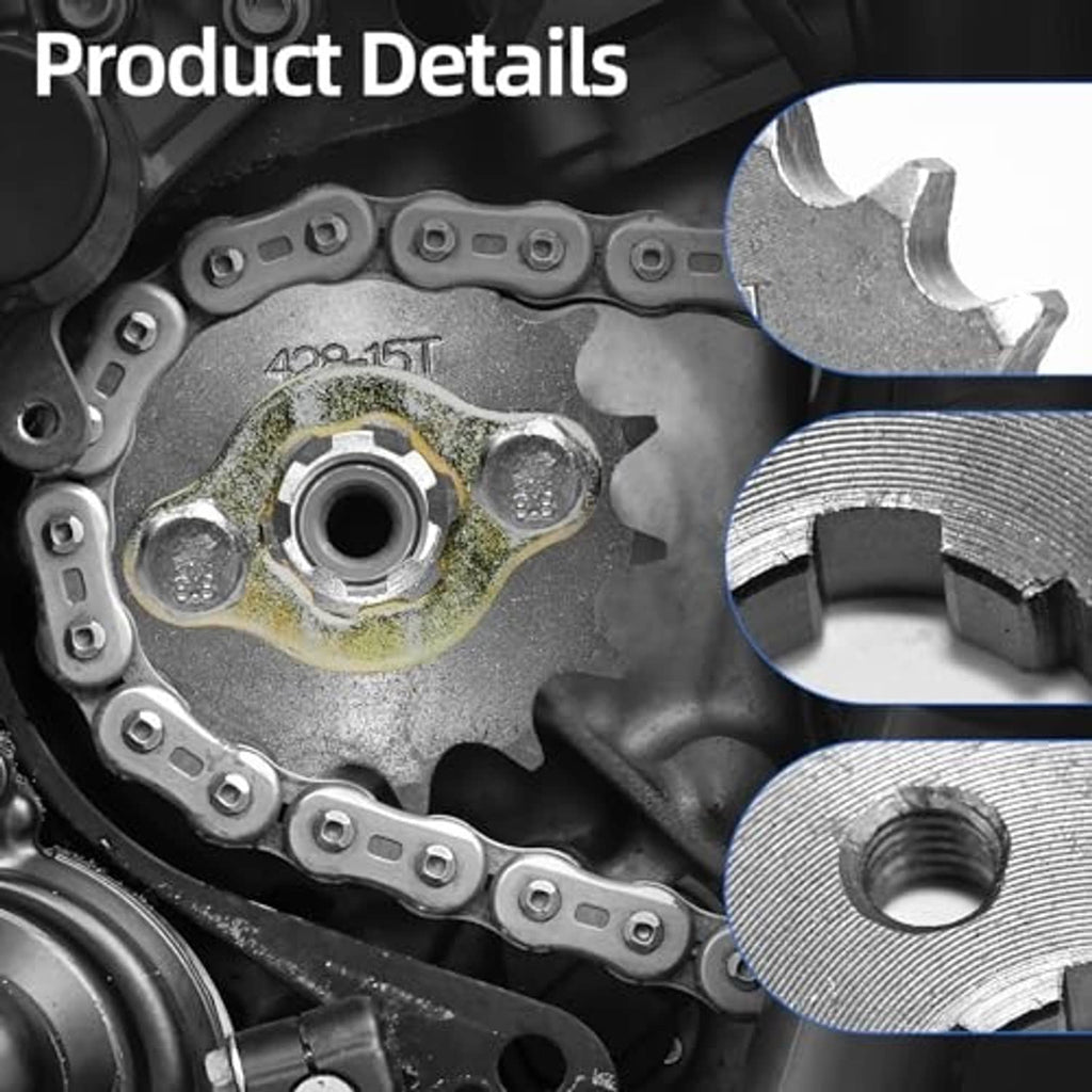 428-15T front sprocket installed with chain links and mounting hub detail