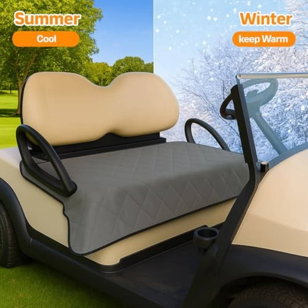 Gray quilted golf cart seat cover blanket on golf cart seat with black edges