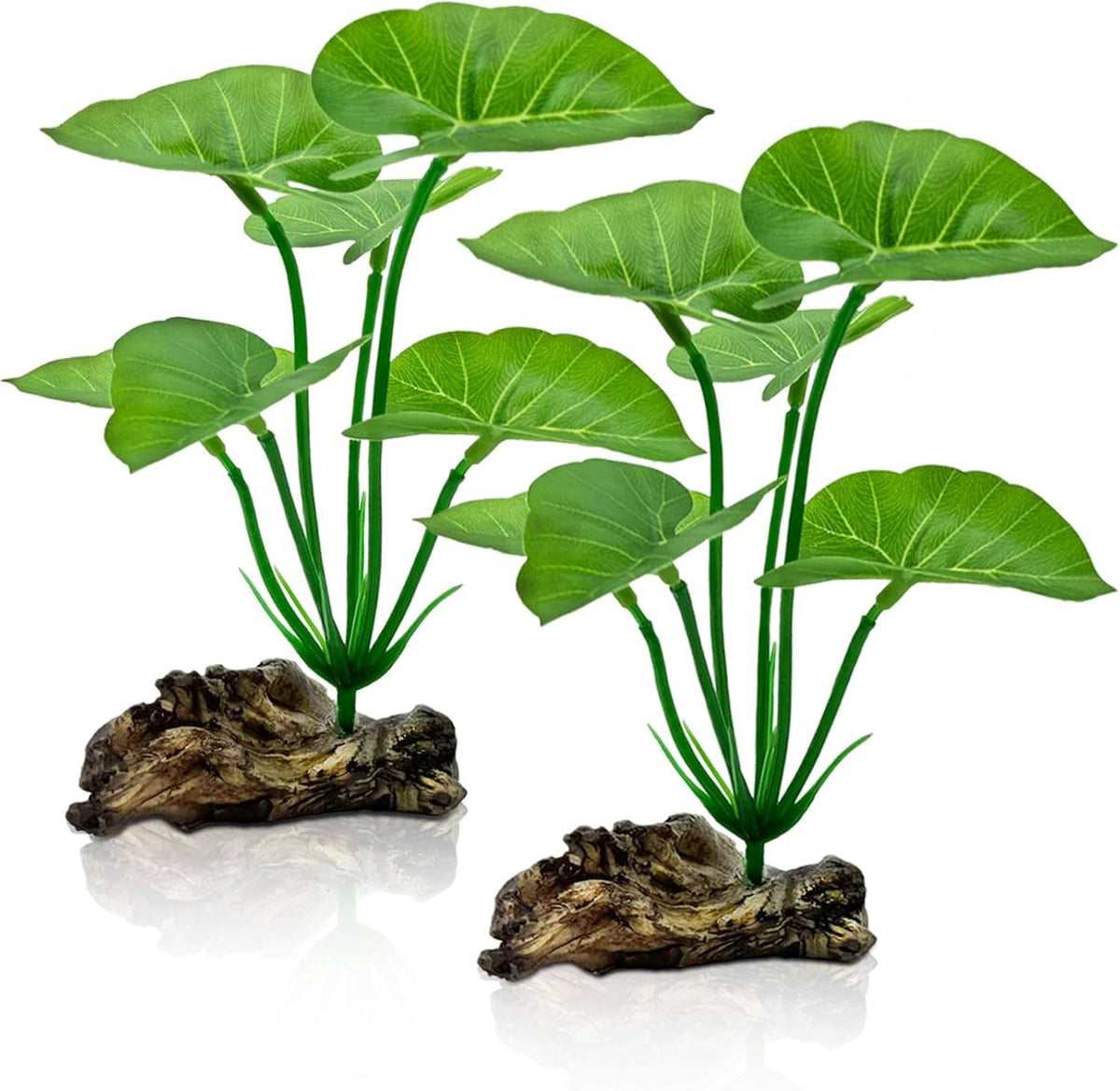 2-pack aquarium plant decorations with green leaf stems and brown rock bases