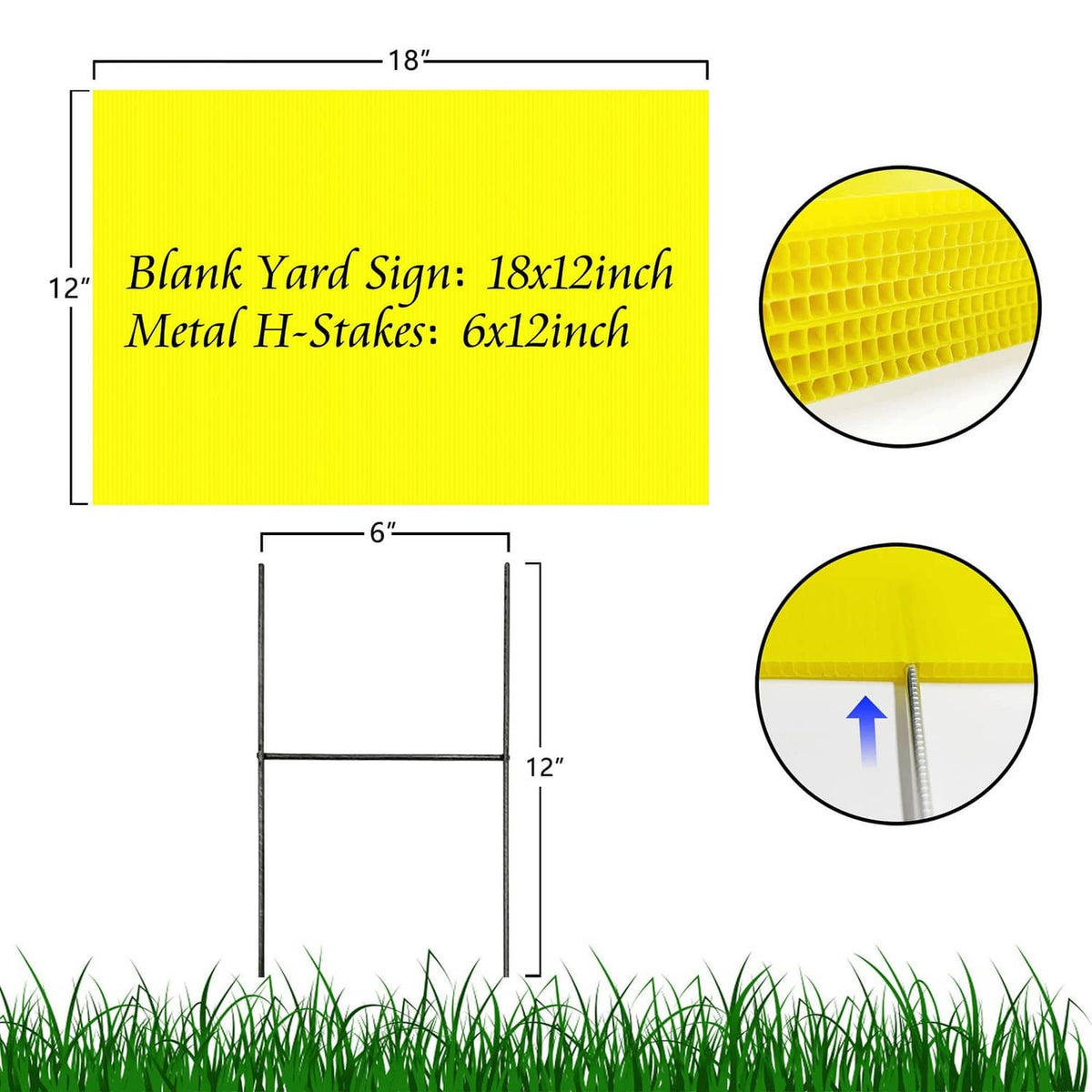 Yellow blank yard sign with dimensions 18x12 in and metal H-stakes (6x12 in)