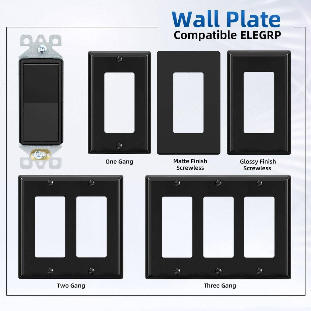 Set of glossy and matte black wall switch plates in one-, two-, and three-gang sizes