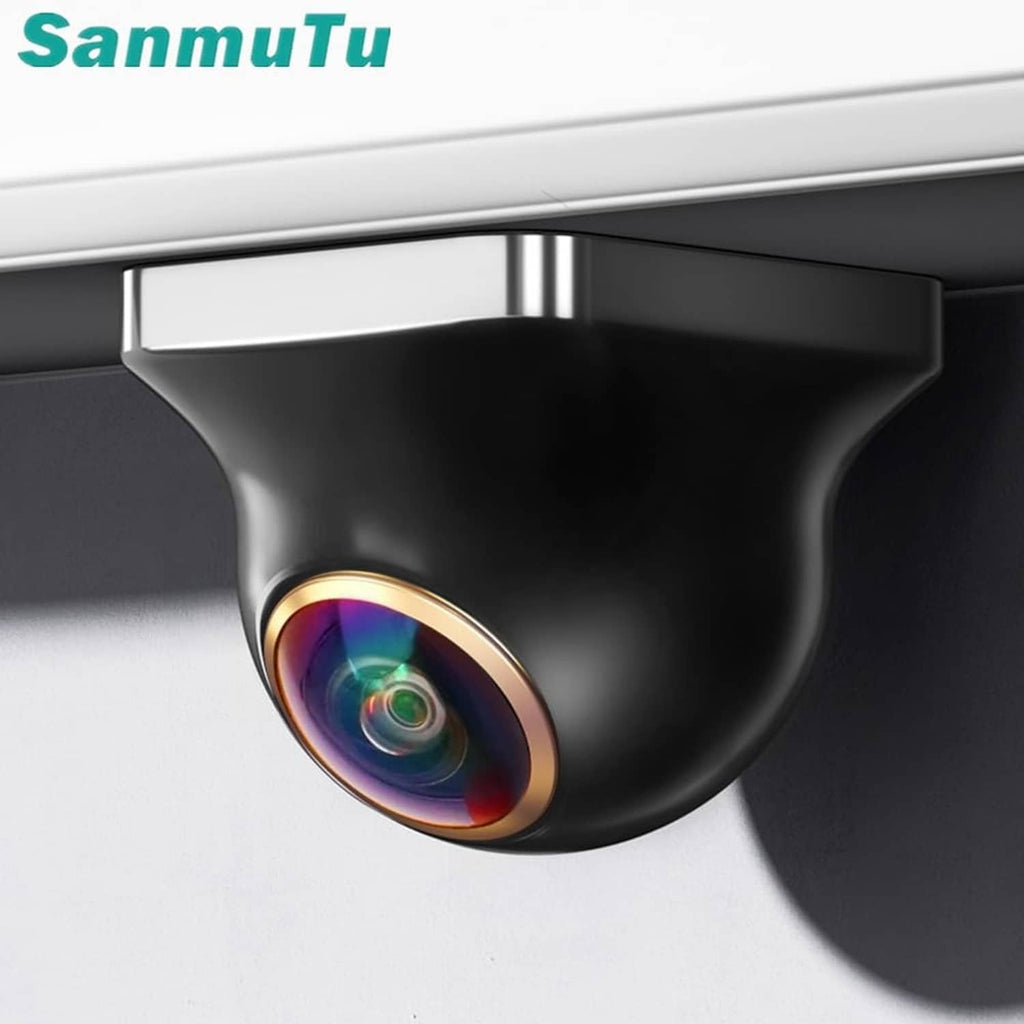 Black dome backup camera with rainbow lens ring and top cable outlet