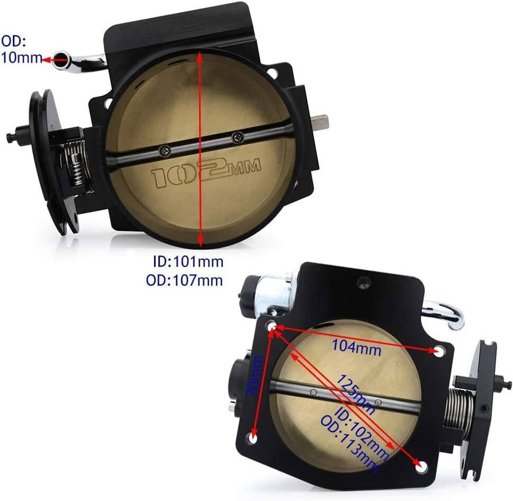 102mm throttle body showing bore face and overall dimensions on black housing