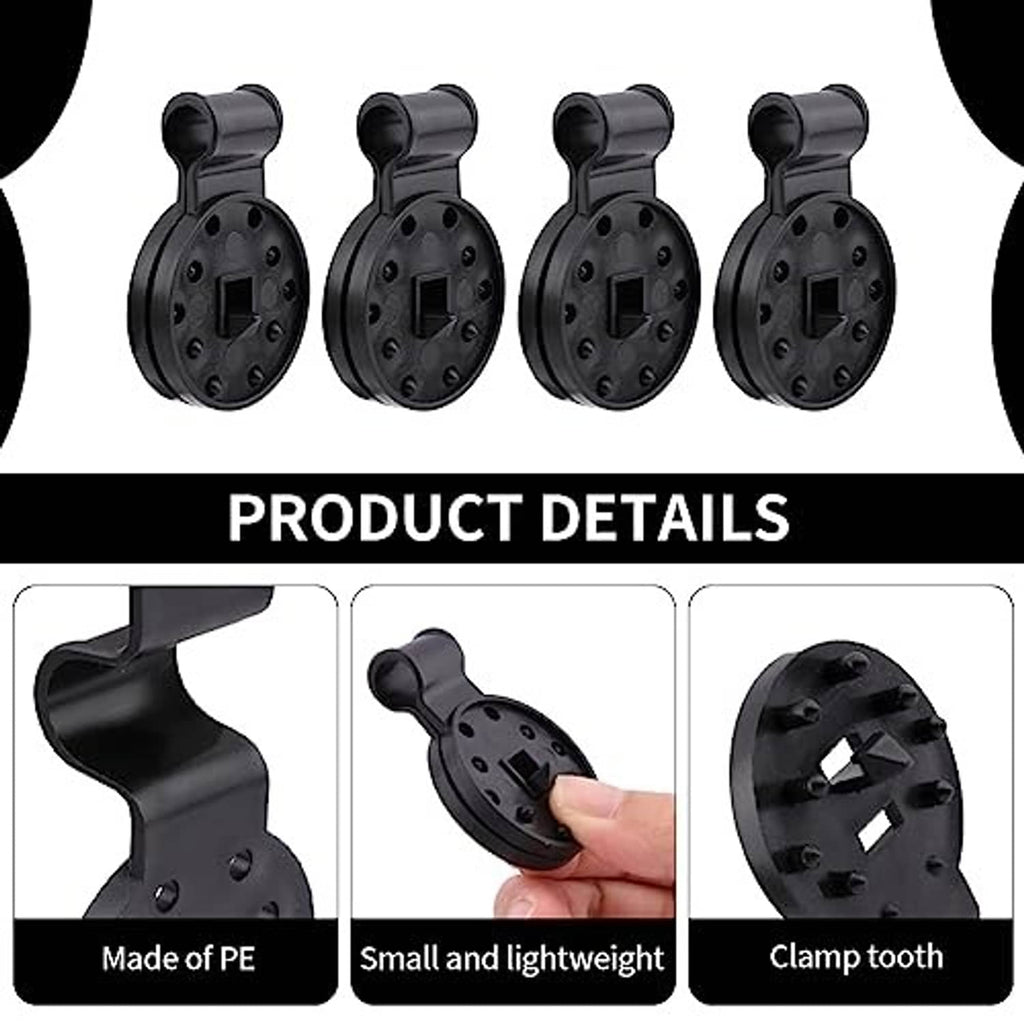 Black plastic lock grip net clips, set of four shown with key details
