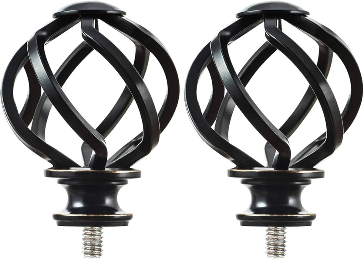 Pair of black twisted cage curtain rod finials with threaded screws on the bases