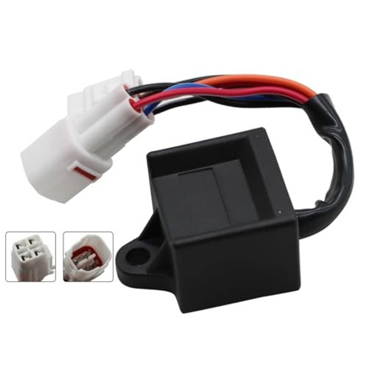 Black CDI ignition box with red, blue, and black wiring and white connector plugs