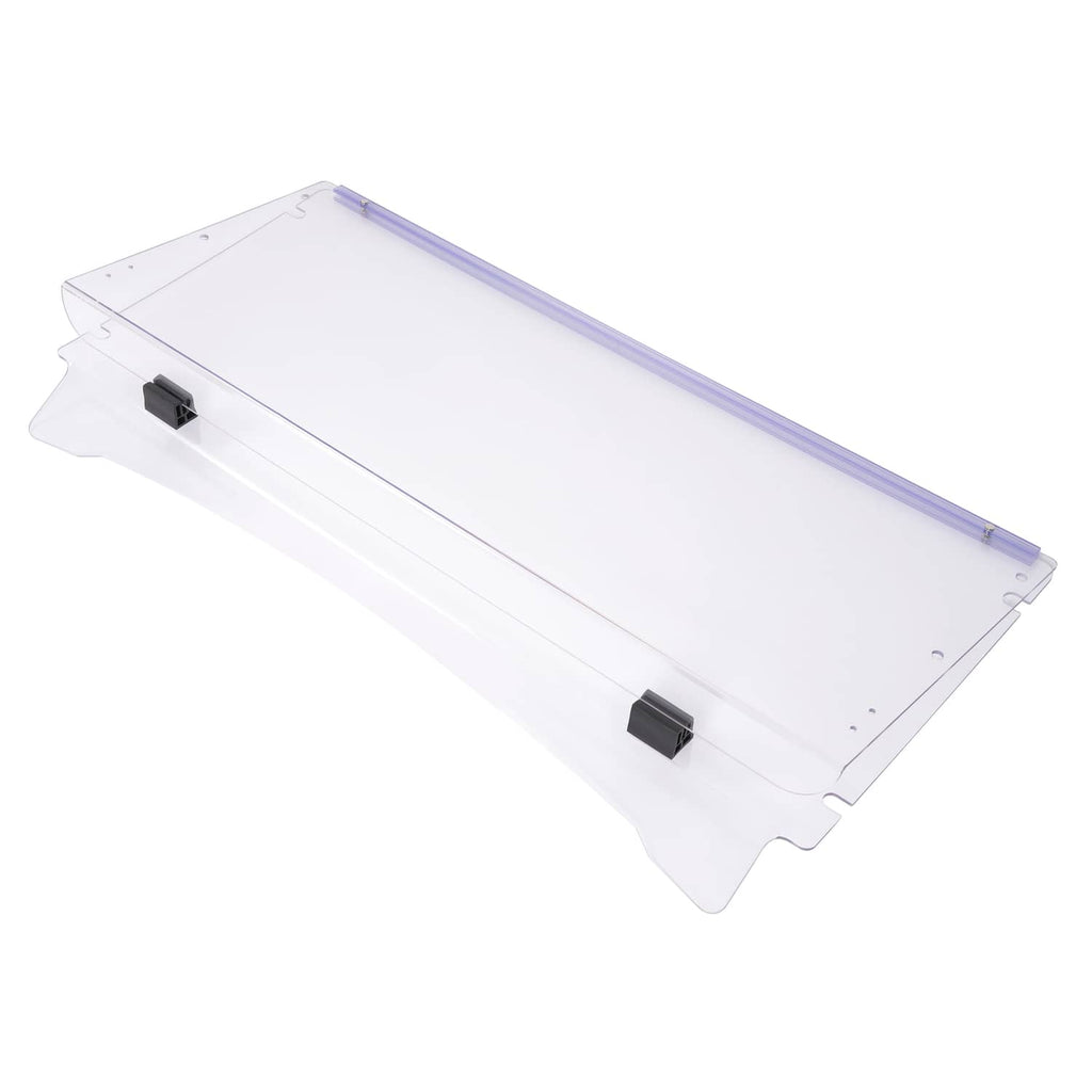 Clear folding windshield panel with purple frame and black mounting blocks on side
