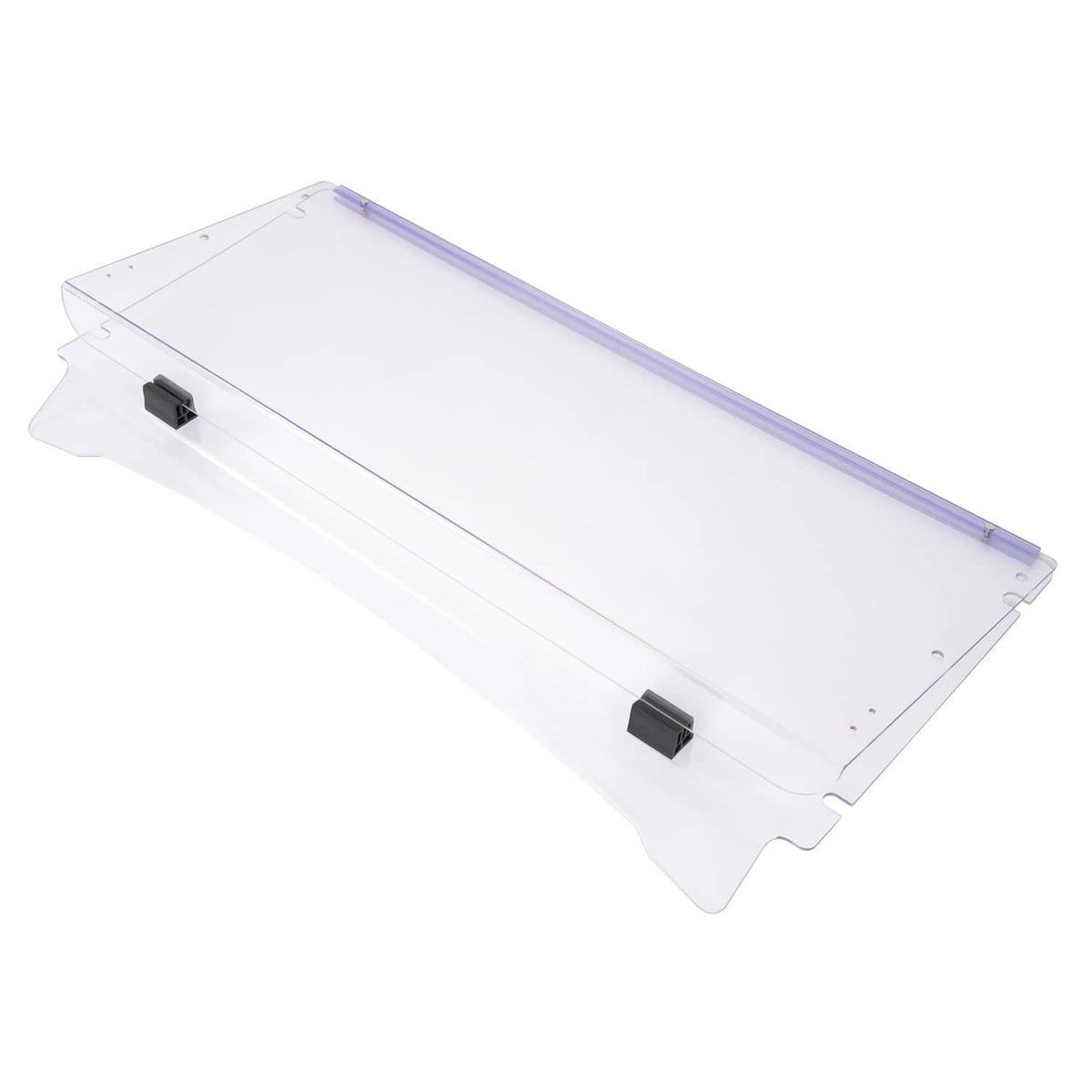 Clear folding windshield panel with purple frame and black mounting blocks on side
