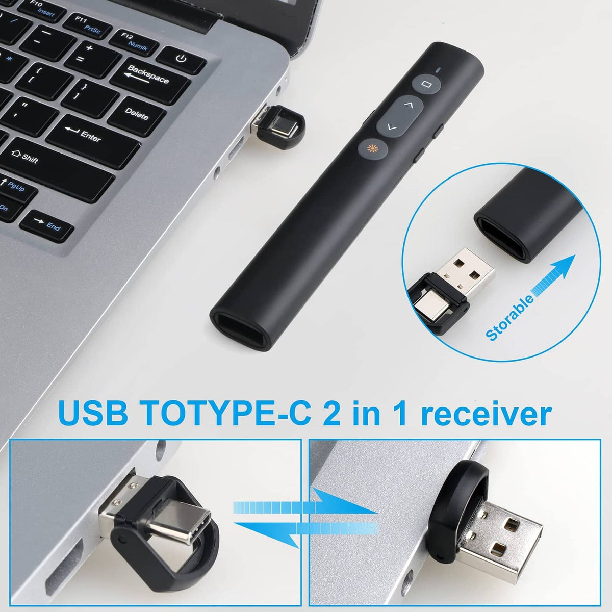 Black presentation remote with attached USB receiver and Type-C charging port