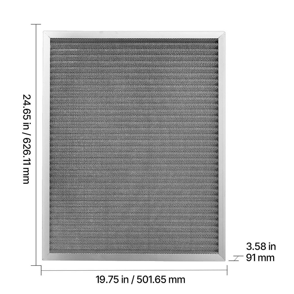 Close-up of rectangular gray mesh air filter with silver aluminum frame