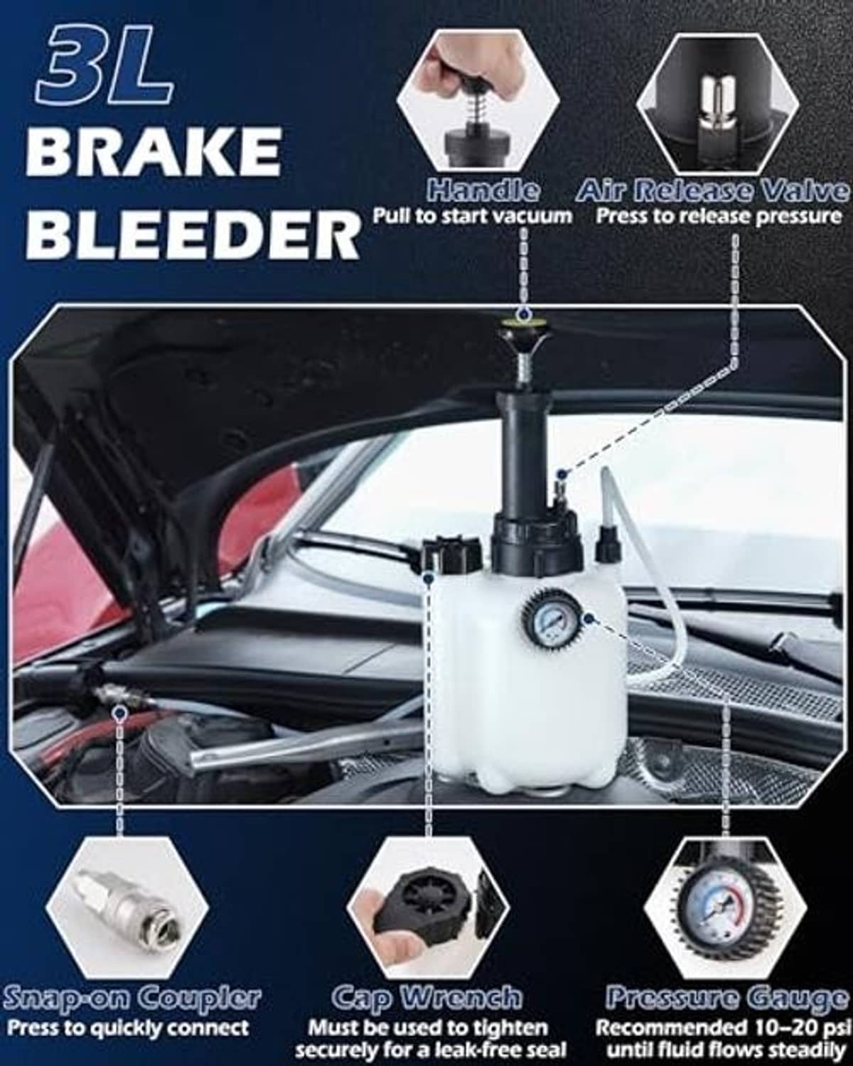 3L brake bleeder vacuum kit with gauge, connectors, and adapter fittings