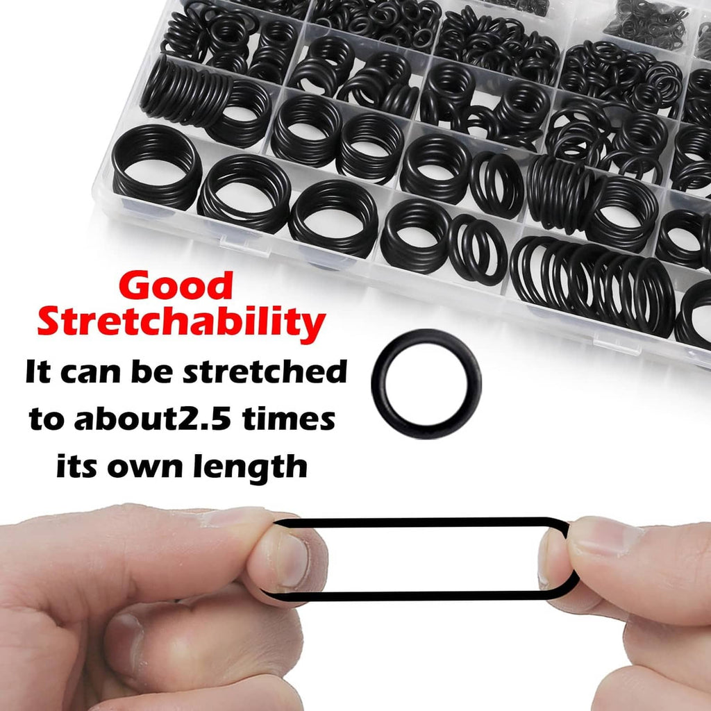Black NBR O-rings in clear tray; hand stretches an O-ring for flexibility