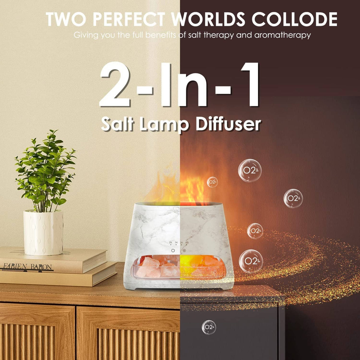 Marble-pattern 2-in-1 salt lamp diffuser with orange flame effect