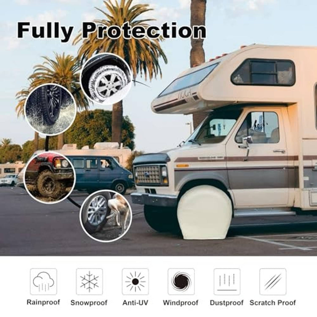 Off-white tire covers installed on RV tires, rounded wheel protectors
