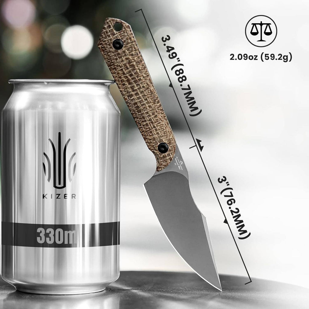 Gray fixed blade knife with tan micarta handle and sheath, shown for size