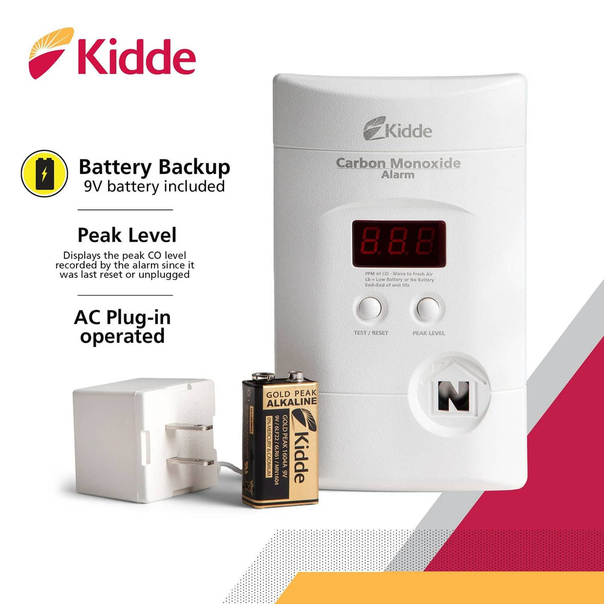 Kidde white plug-in carbon monoxide alarm with included 9V battery backup and AC plug