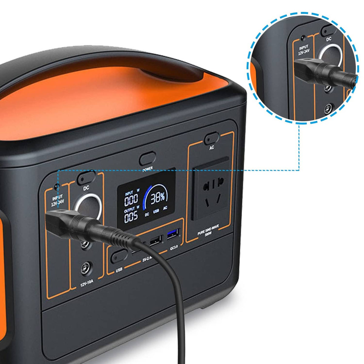 Black DC power plug adapter connected to a power station DC output port