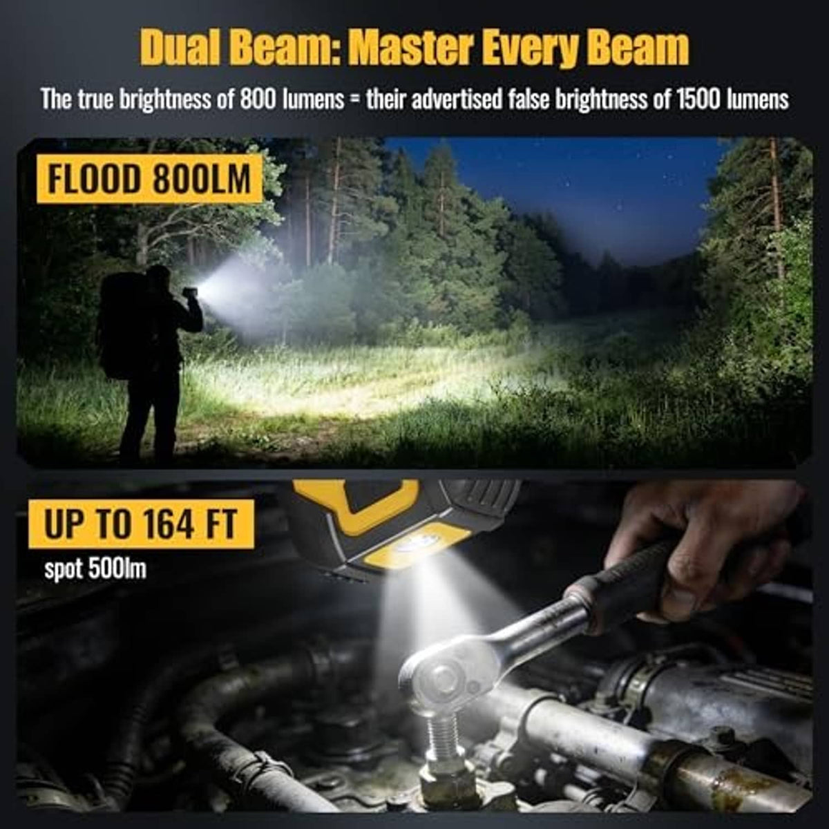 Yellow and black rechargeable work light with COB LED panel and wide beam