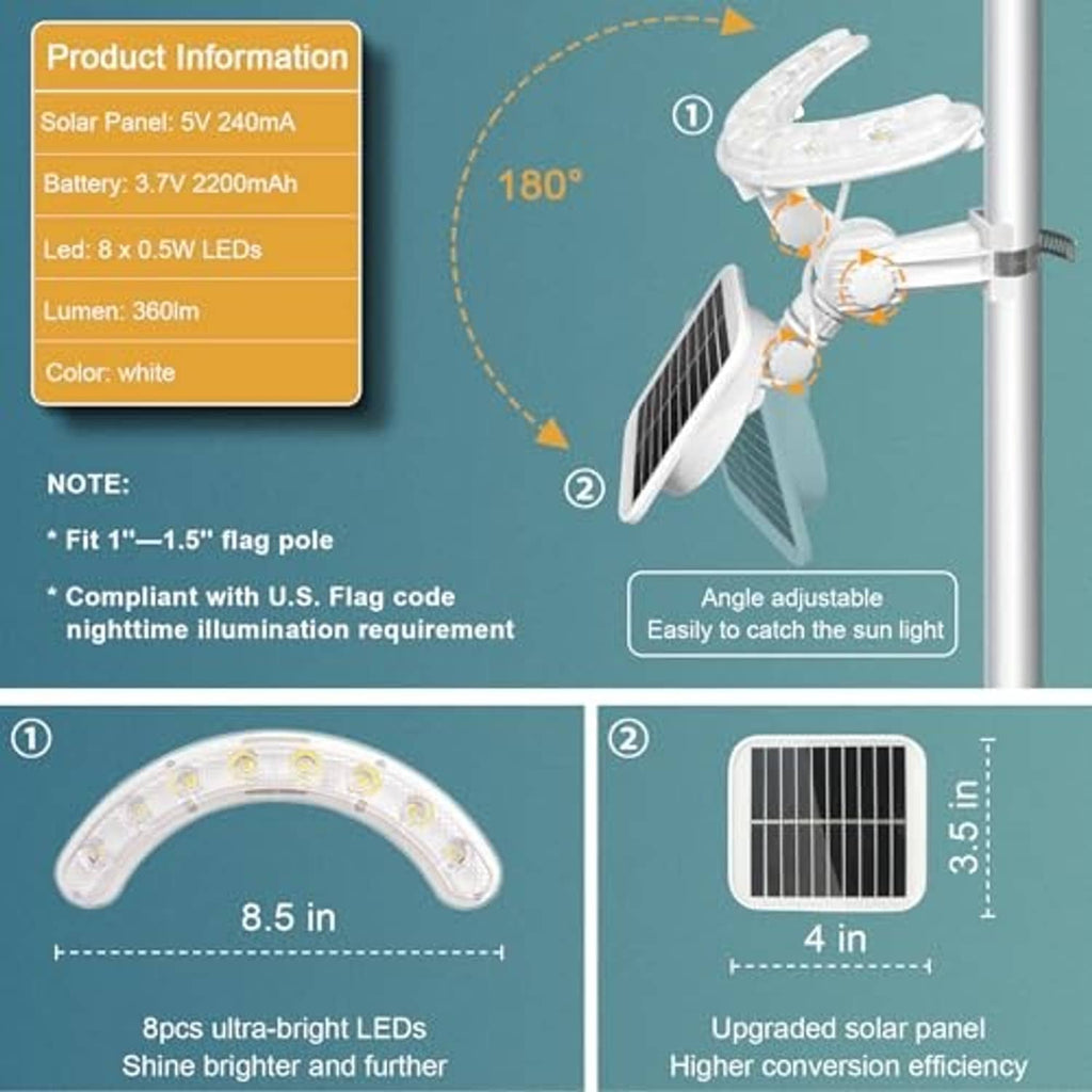Solar flagpole light parts view showing adjustable LED arc and solar panel