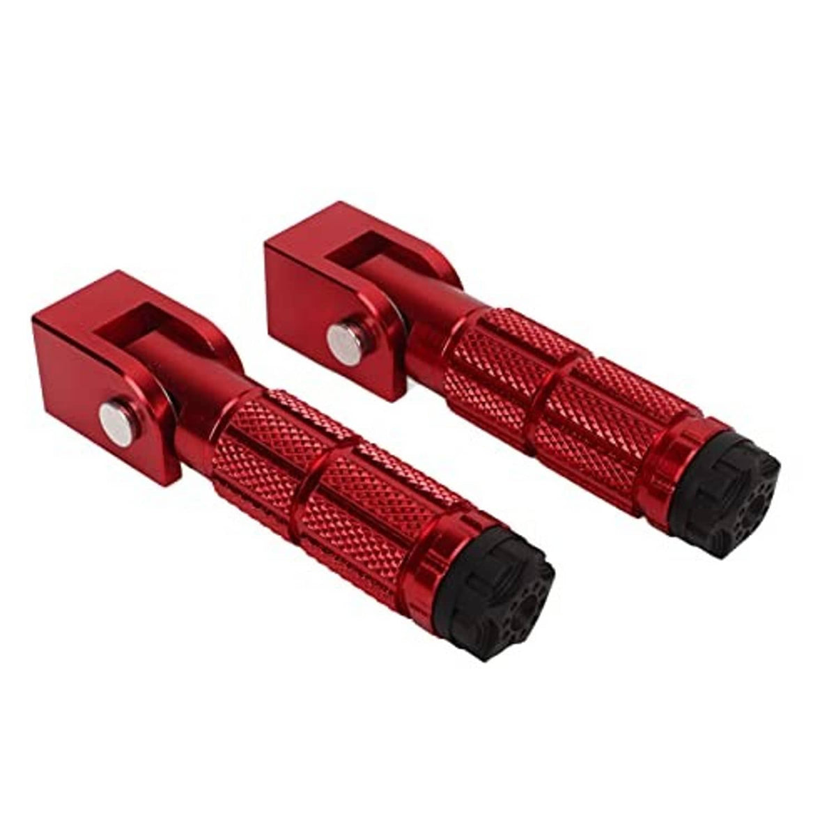 Pair of red foldable motorcycle foot pegs with knurled texture and black rubber ends