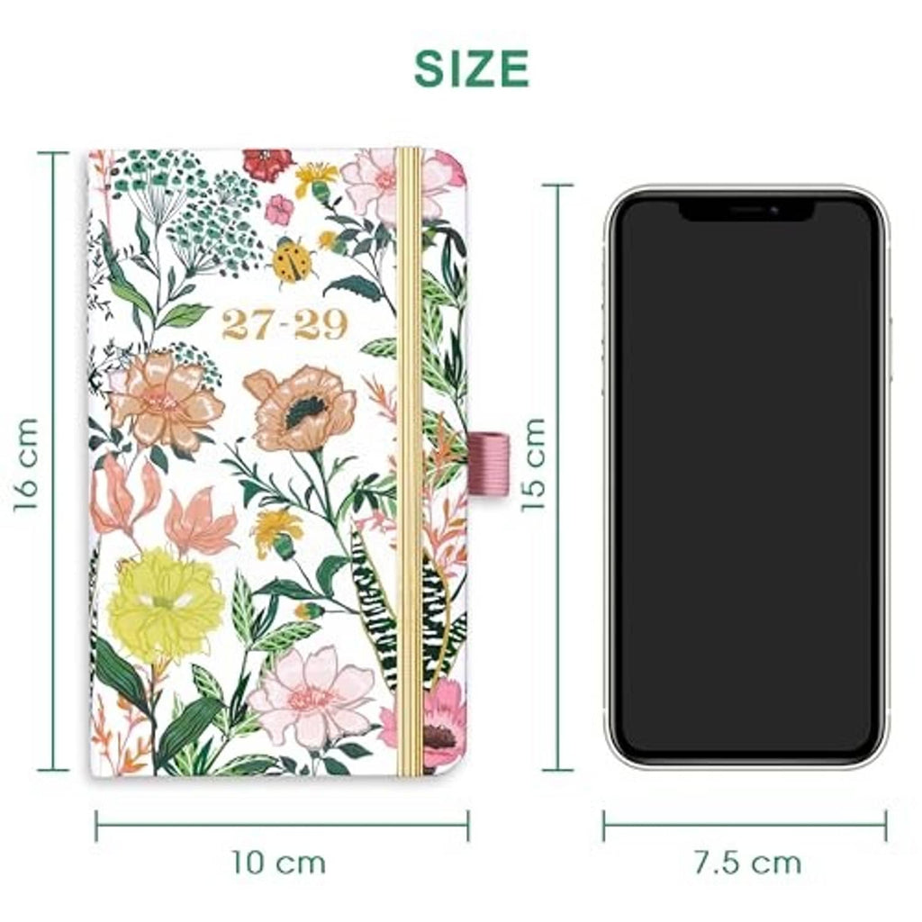 Floral pocket planner shown with size measurements and elastic band, 16 cm height