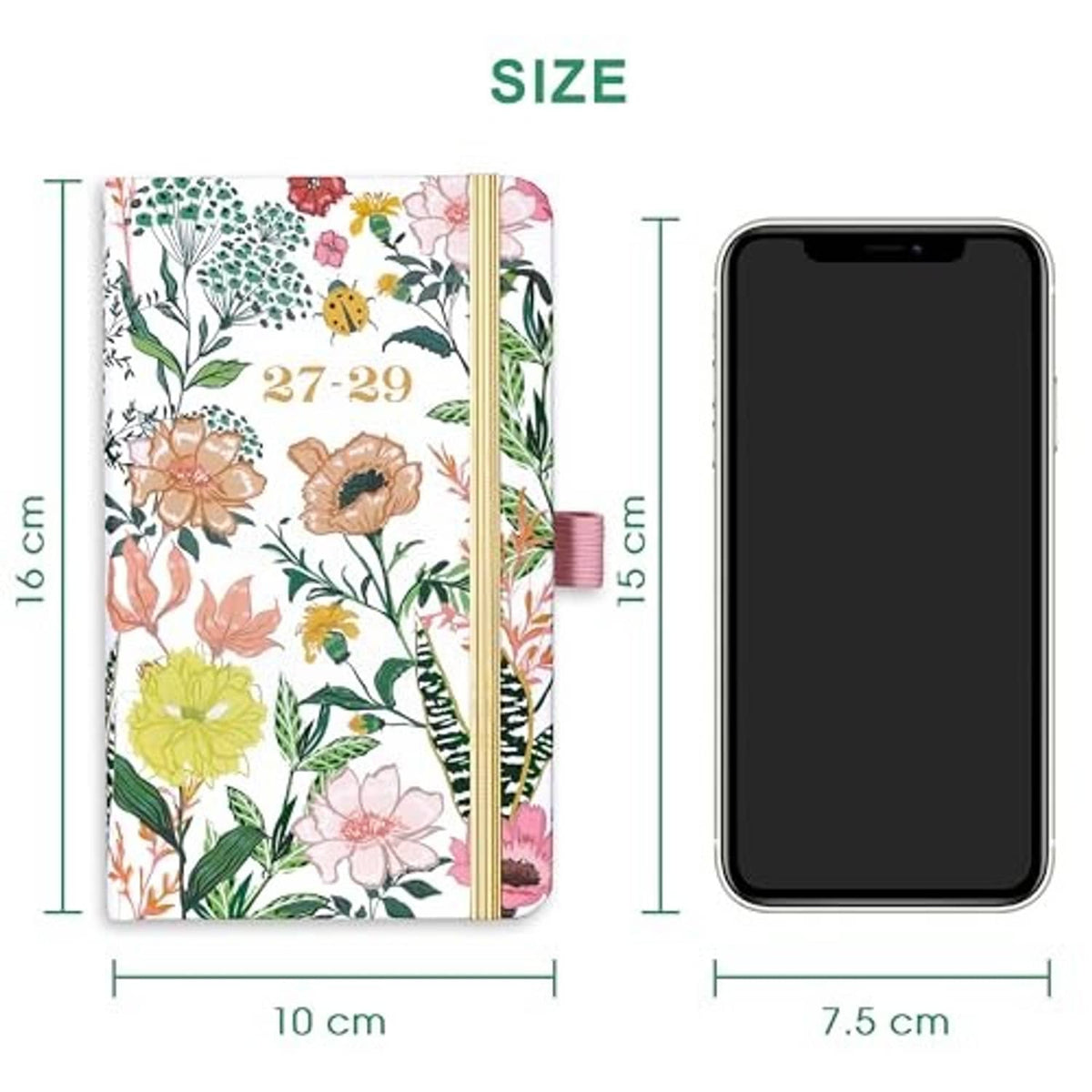 Floral pocket planner shown with size measurements and elastic band, 16 cm height