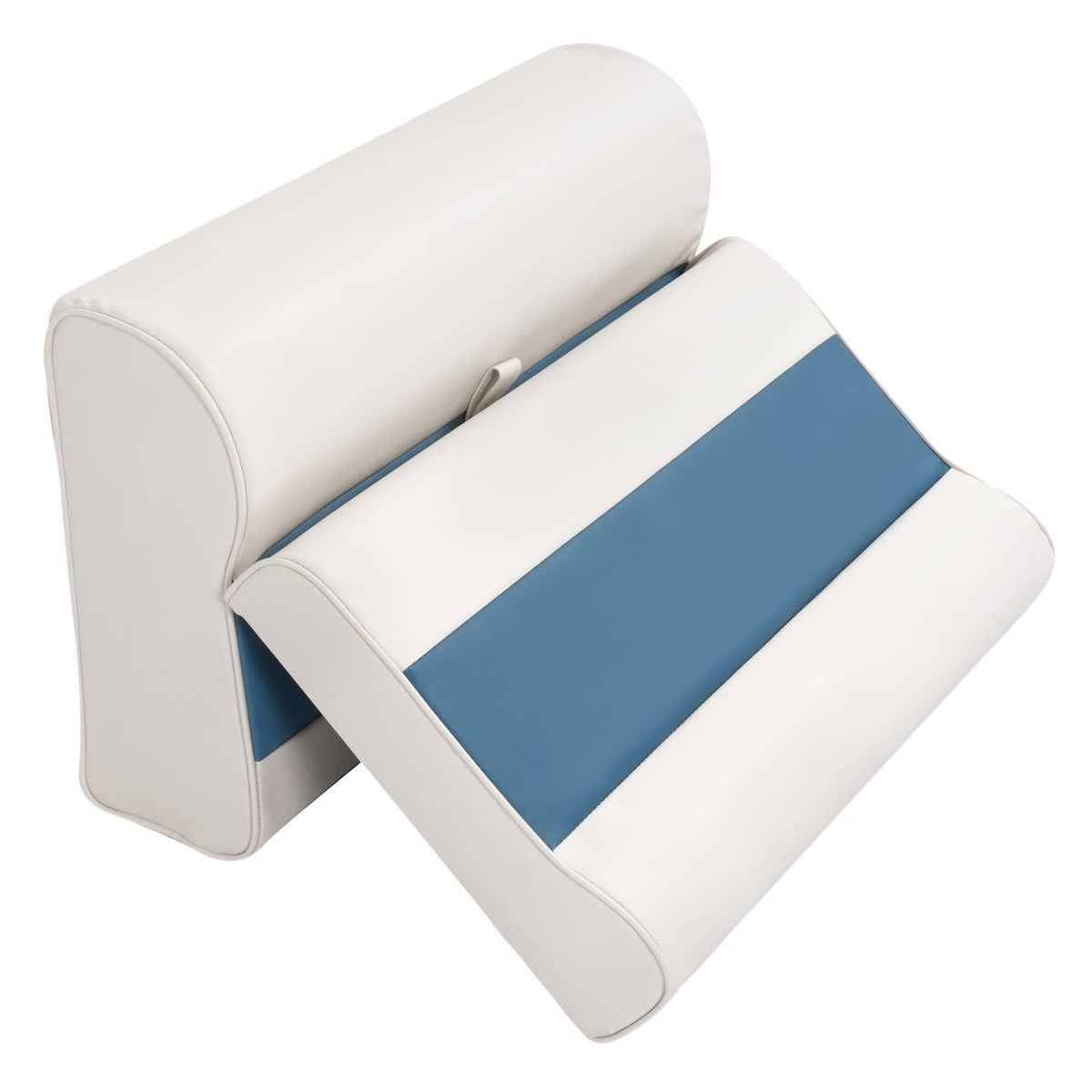 Pontoon bench seat backrest and seat cushion with white trim and navy blue stripe