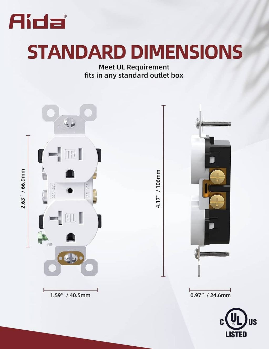 Tamper-resistant duplex receptacle dimensions for standard outlet boxes, UL listed