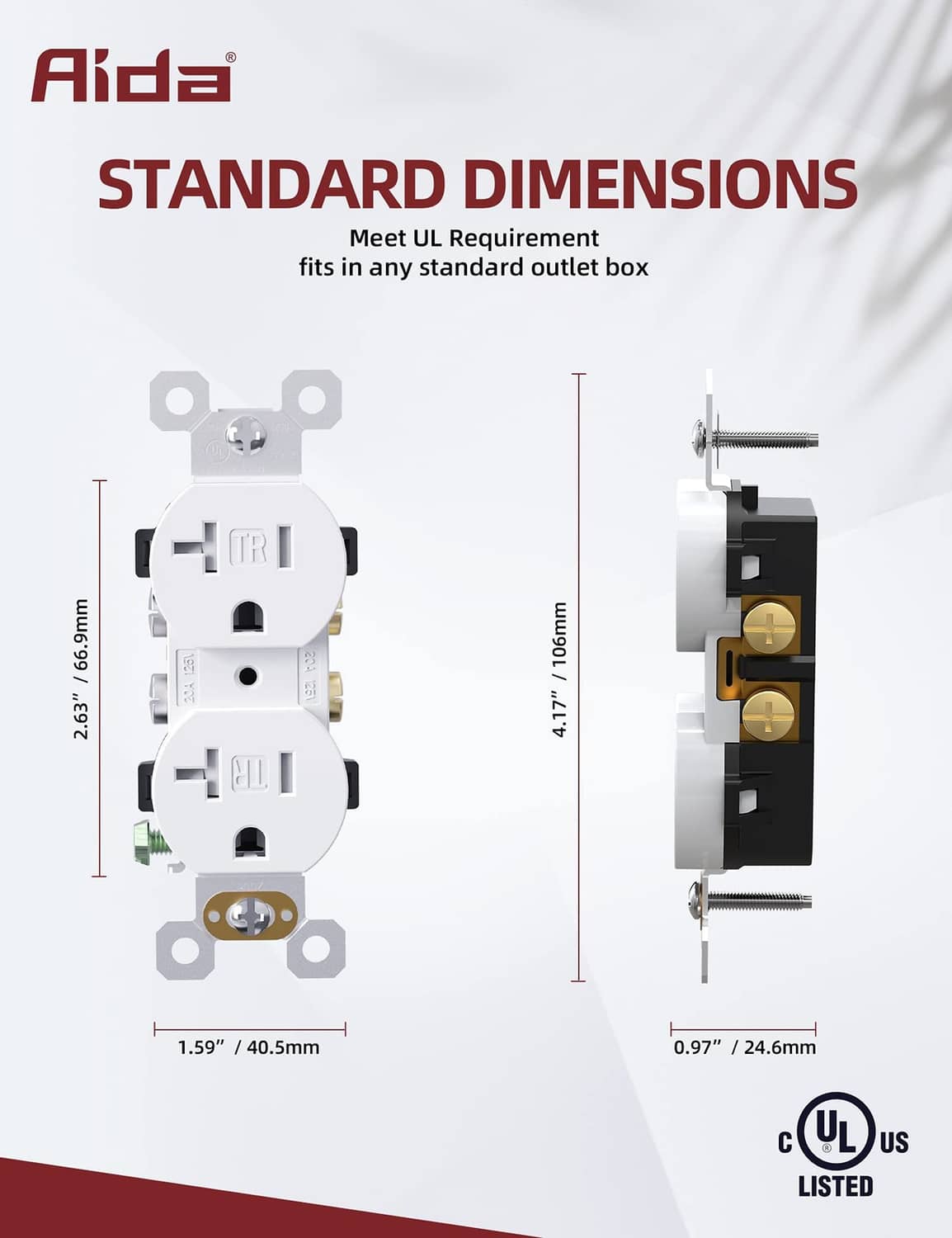 Tamper-resistant duplex receptacle dimensions for standard outlet boxes, UL listed