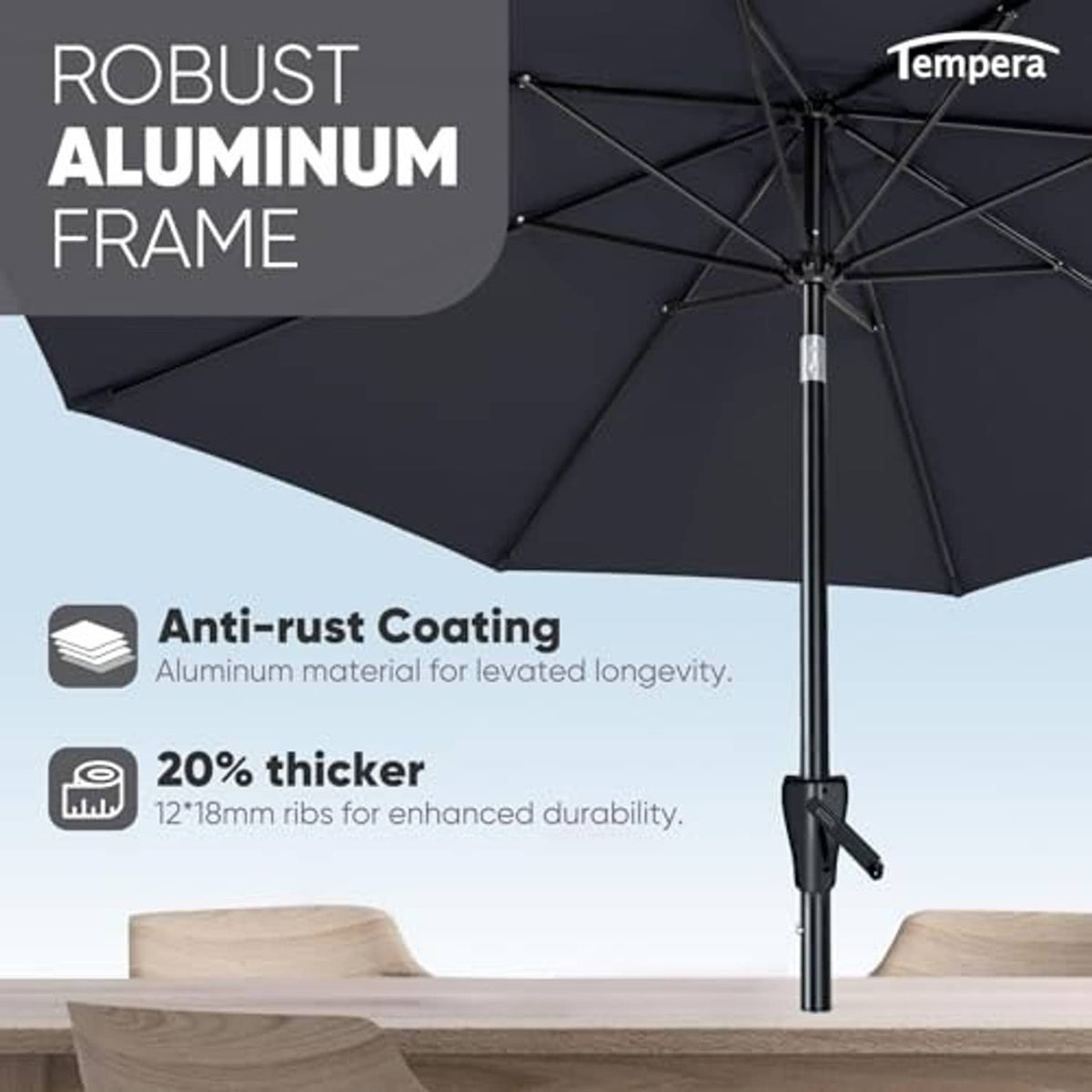 Umbrella frame with aluminum ribs and space grey canopy, anti-rust coated