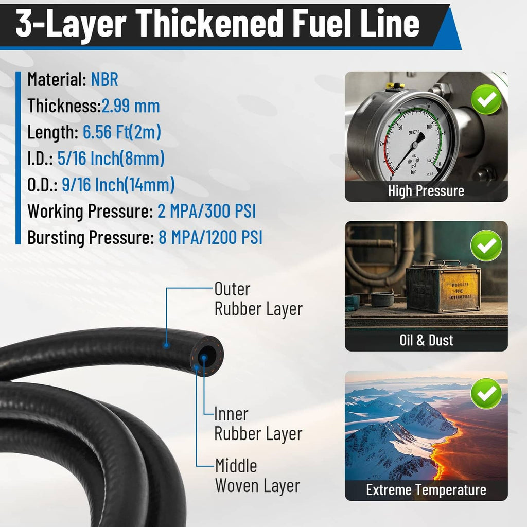 Thick black fuel hose with layered rubber construction and hose end fittings