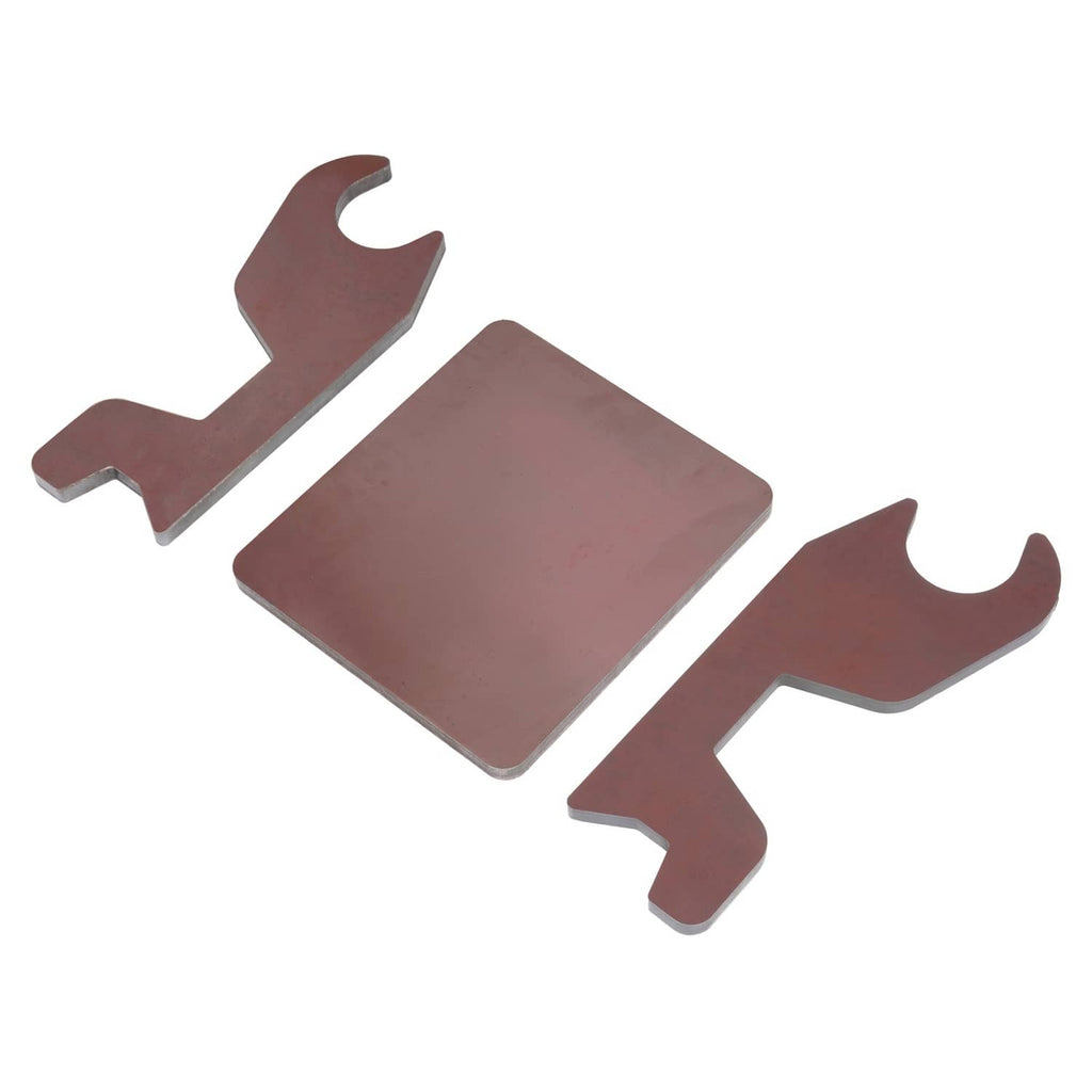 Metal bucket ear attachment pieces shown: flat plate with side ear brackets