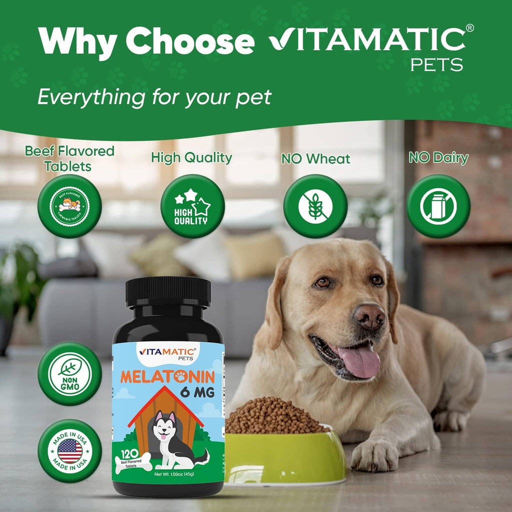 Vitamatic Pets Melatonin 6 mg bottle with dog nutrition badges