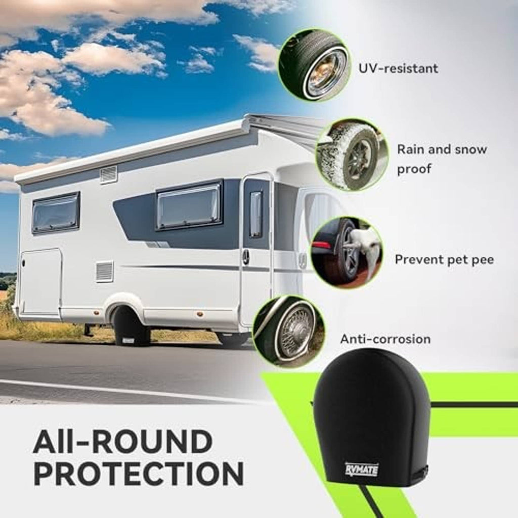 Black RV tire covers with rounded profile and RVMATE logo, set of four on tires