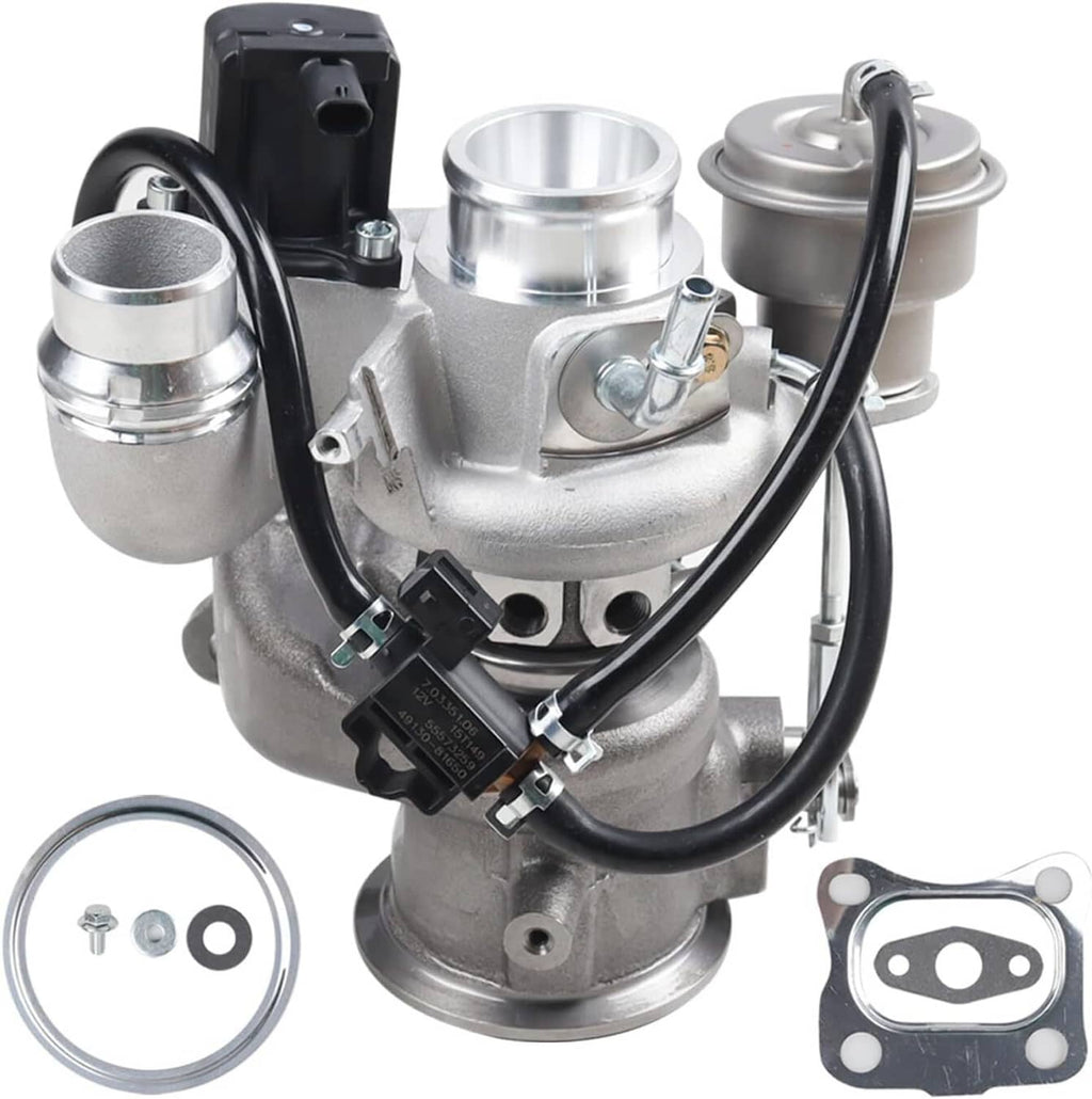Turbocharger assembly with silver metal body, black wires, and mounting gaskets included