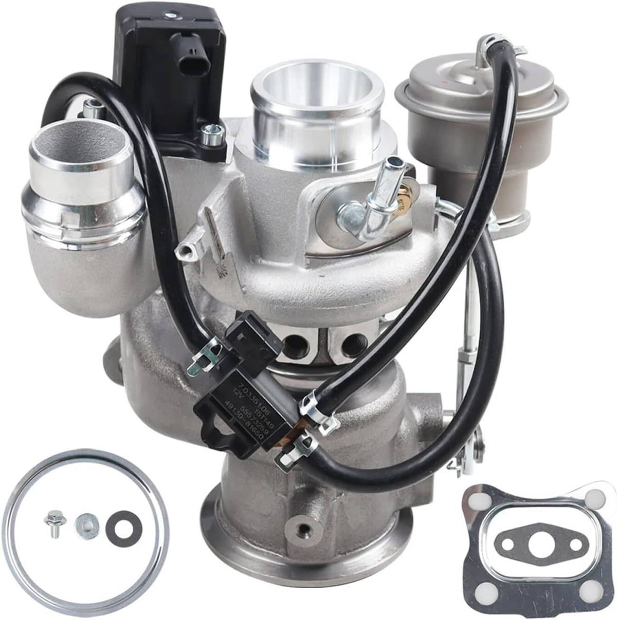 Turbocharger assembly with silver metal body, black wires, and mounting gaskets included