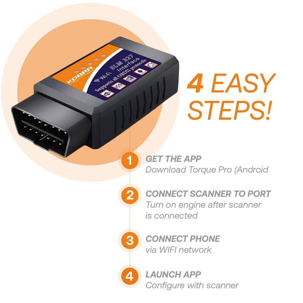 Black OBD2 Wi‑Fi code reader with orange top panel and wide OBD connector.