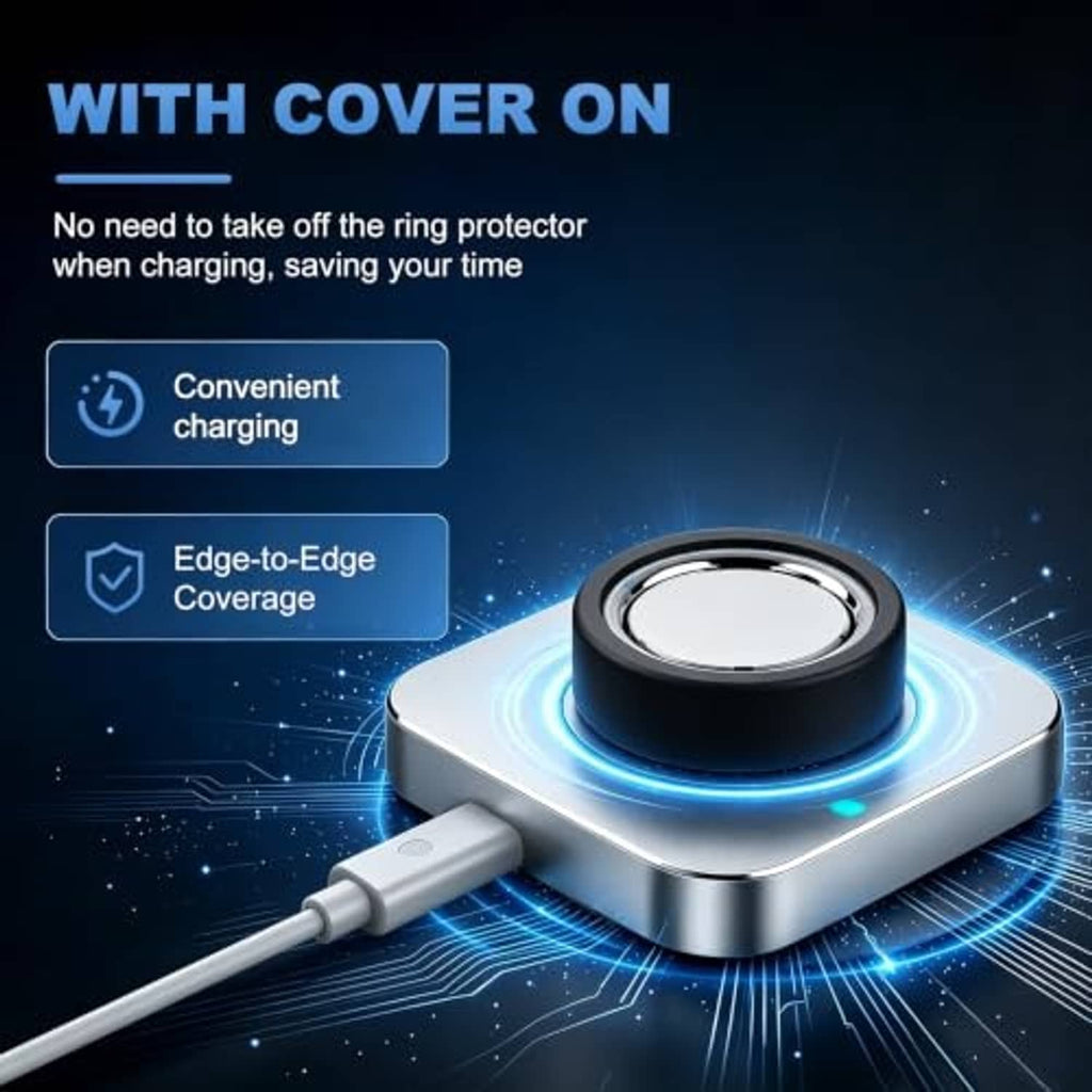 Black silicone ring cover on charging base with cable for continued charging