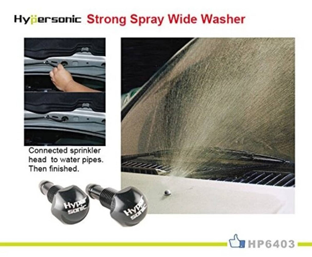 Hyper sonic windshield washer sprayer set showing strong wide spray from two nozzles