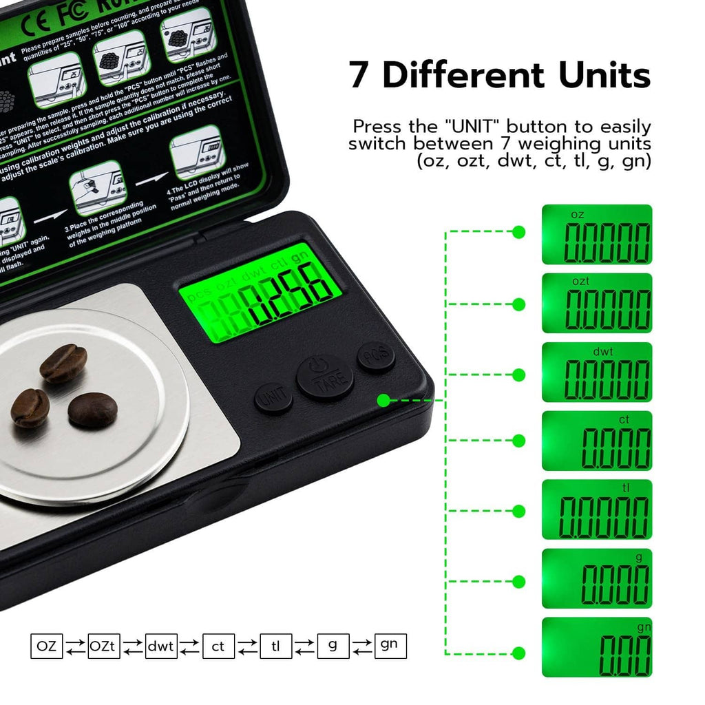 Mini digital milligram scale showing selectable units with green LCD readout