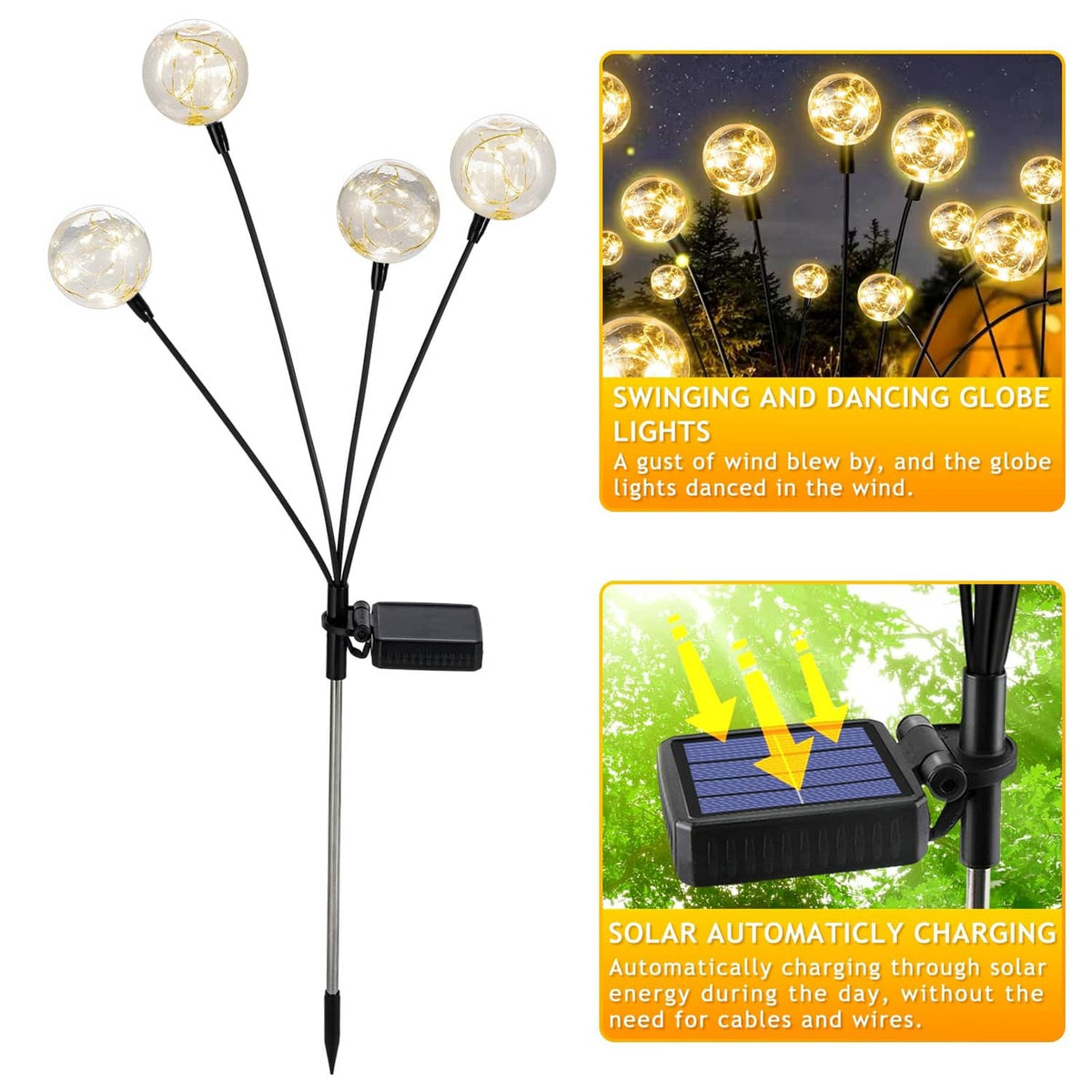 Warm white solar globe lights set with solar panel and black stakes