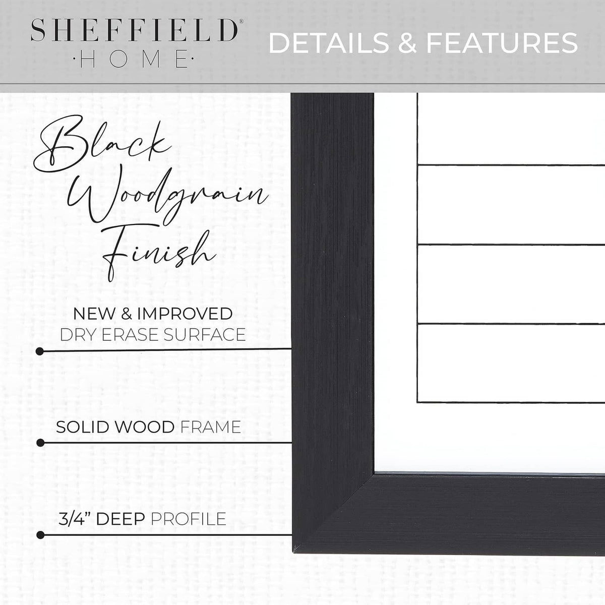 Black woodgrain solid-wood framed dry-erase board, 3/4 in deep profile