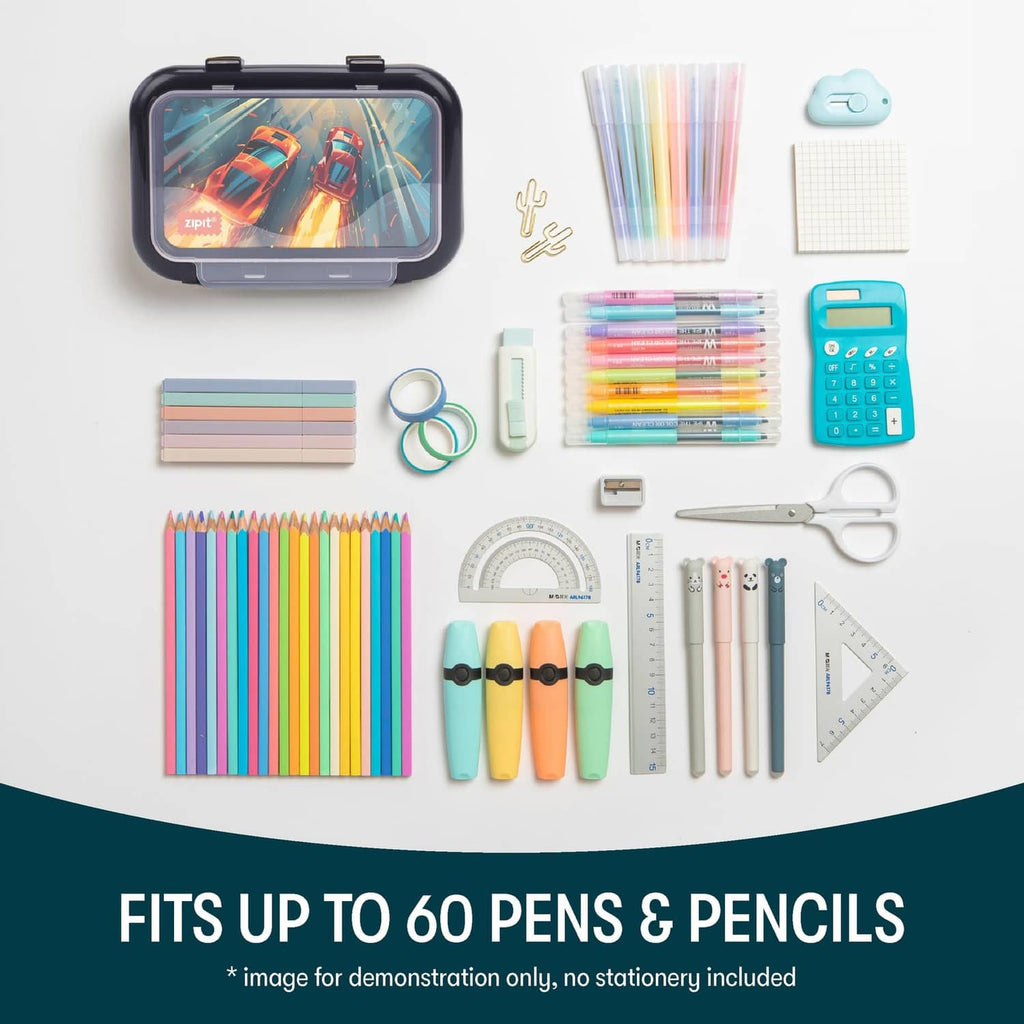 Large pencil box with clear window and black case; fits pens and pencils.