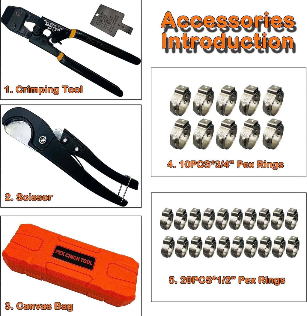 PEX clamp cinch tool kit with crimping tool, scissors, canvas bag, assorted rings
