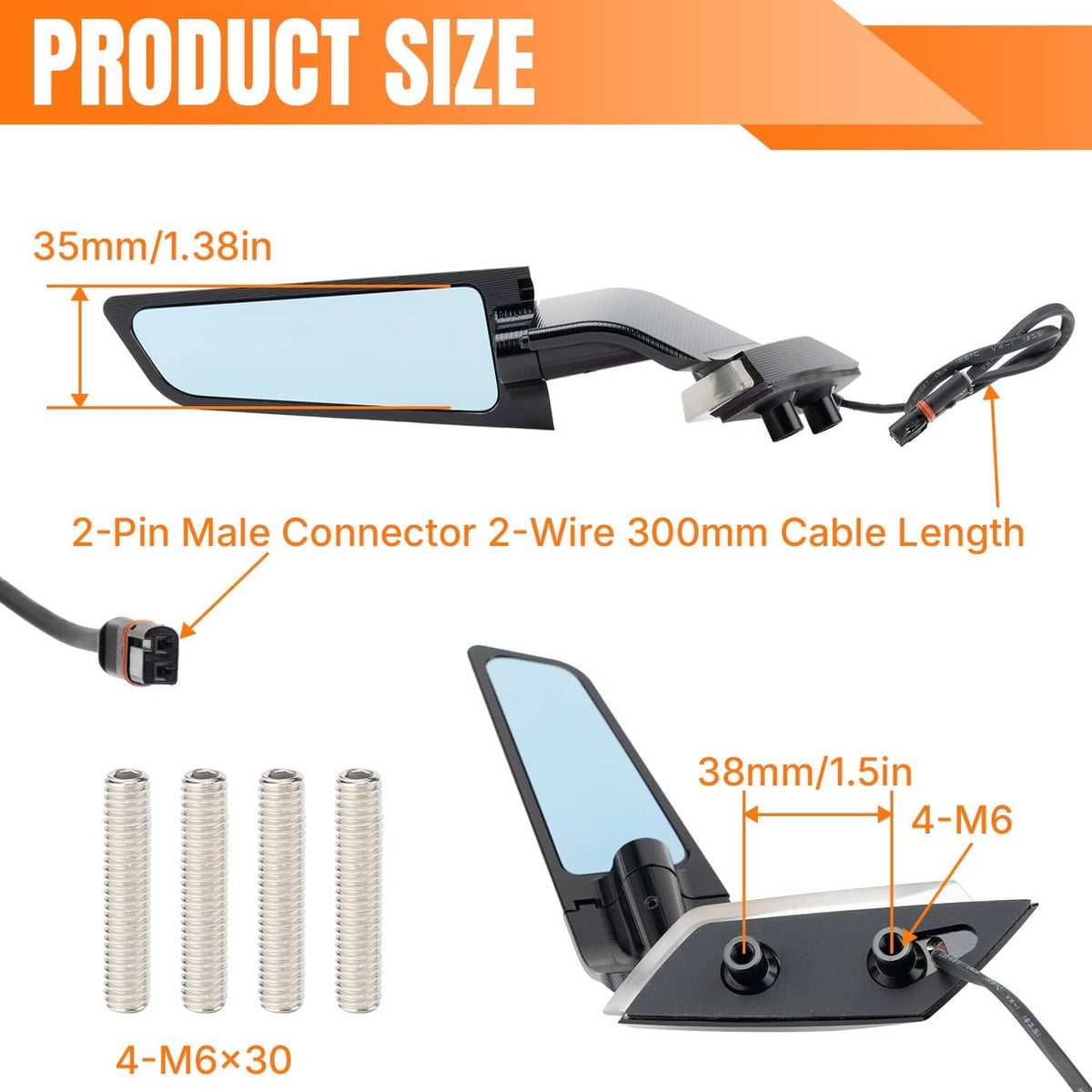 Adjustable side view mirrors set with blue lenses, black mounting brackets, and cable connectors