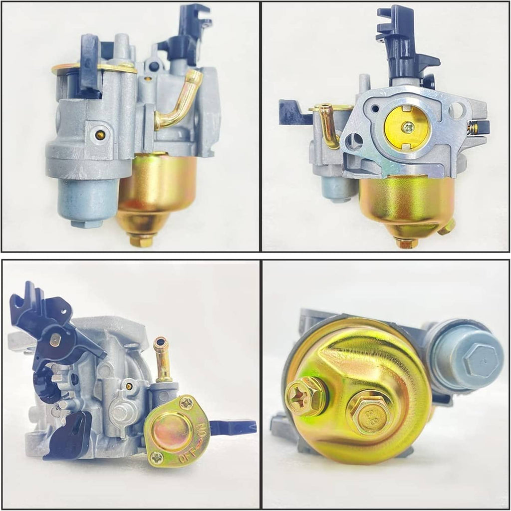 Carburetor close-up with yellow bowl, inlet fitting, and gasket set