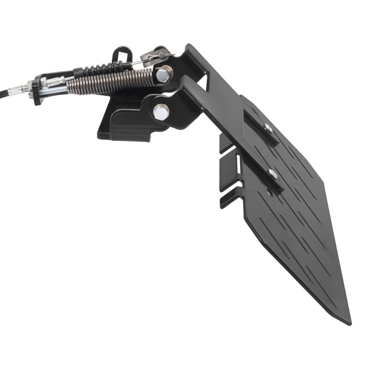 Black mower chute blocker with long chute plate, spring linkage and mounting bracket